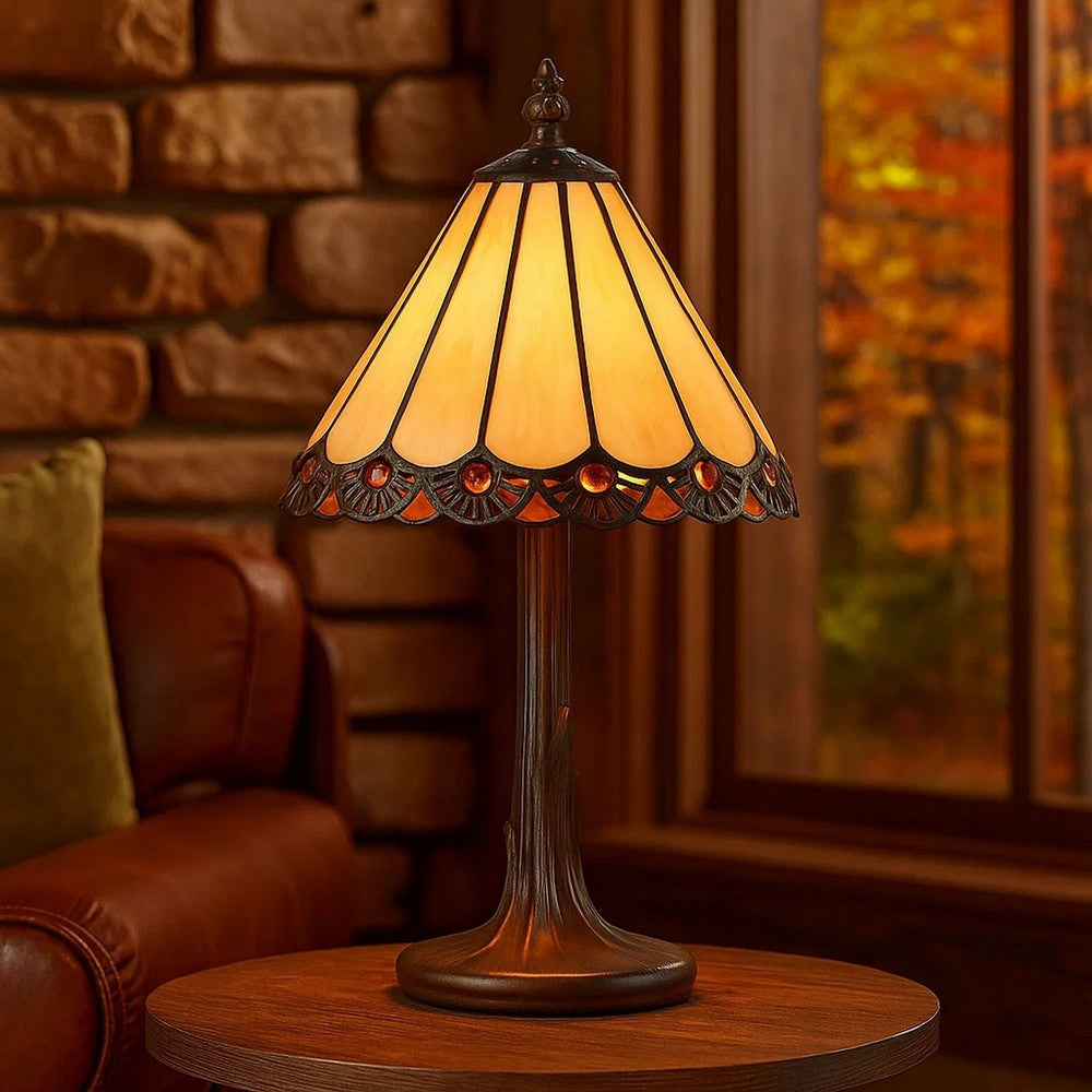 Tree Like Metal Body Tiffany Table lamp with Conical Shade,Bronze and Beige - BM223643