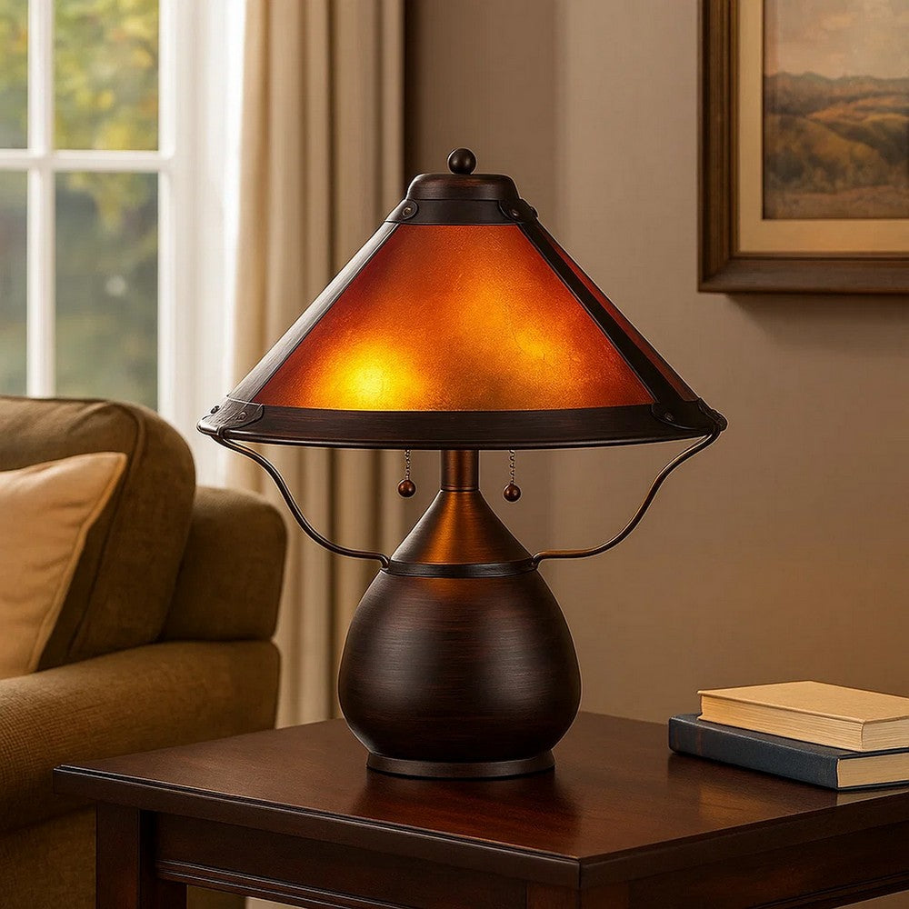 Pot Bellied Metal Body Table Lamp with Conical Mica Shade, Bronze - BM223691