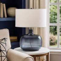 Glass Body Table Lamp with Drum Shade and Bubble Design, Blue and White - BM223699