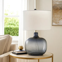 Glass Body Table Lamp with Drum Shade and Bubble Design, Blue and White - BM223699