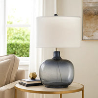 Glass Body Table Lamp with Drum Shade and Bubble Design, Blue and White - BM223699