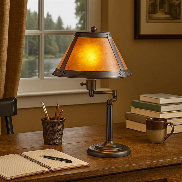 Metal Body Swing Arm Table Lamp with Conical Mica Shade, Bronze - BM223703