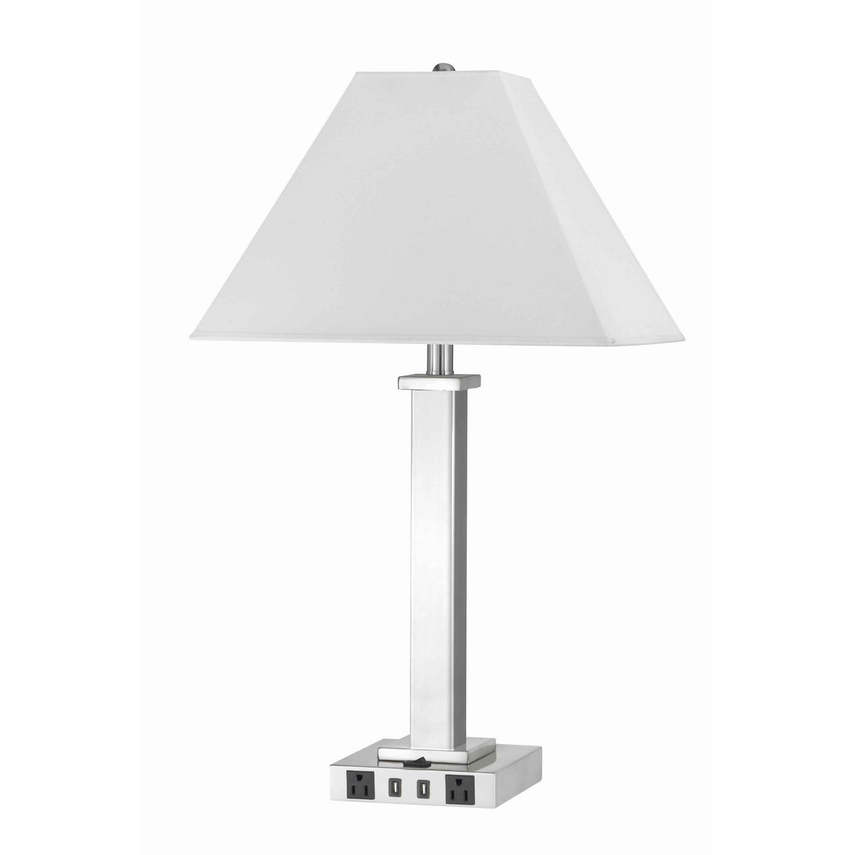 Trapezoid Shade Table Lamp with Metal Base and 2 USB Ports,White and Chrome