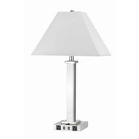 Trapezoid Shade Table Lamp with Metal Base and 2 USB Ports,White and Chrome