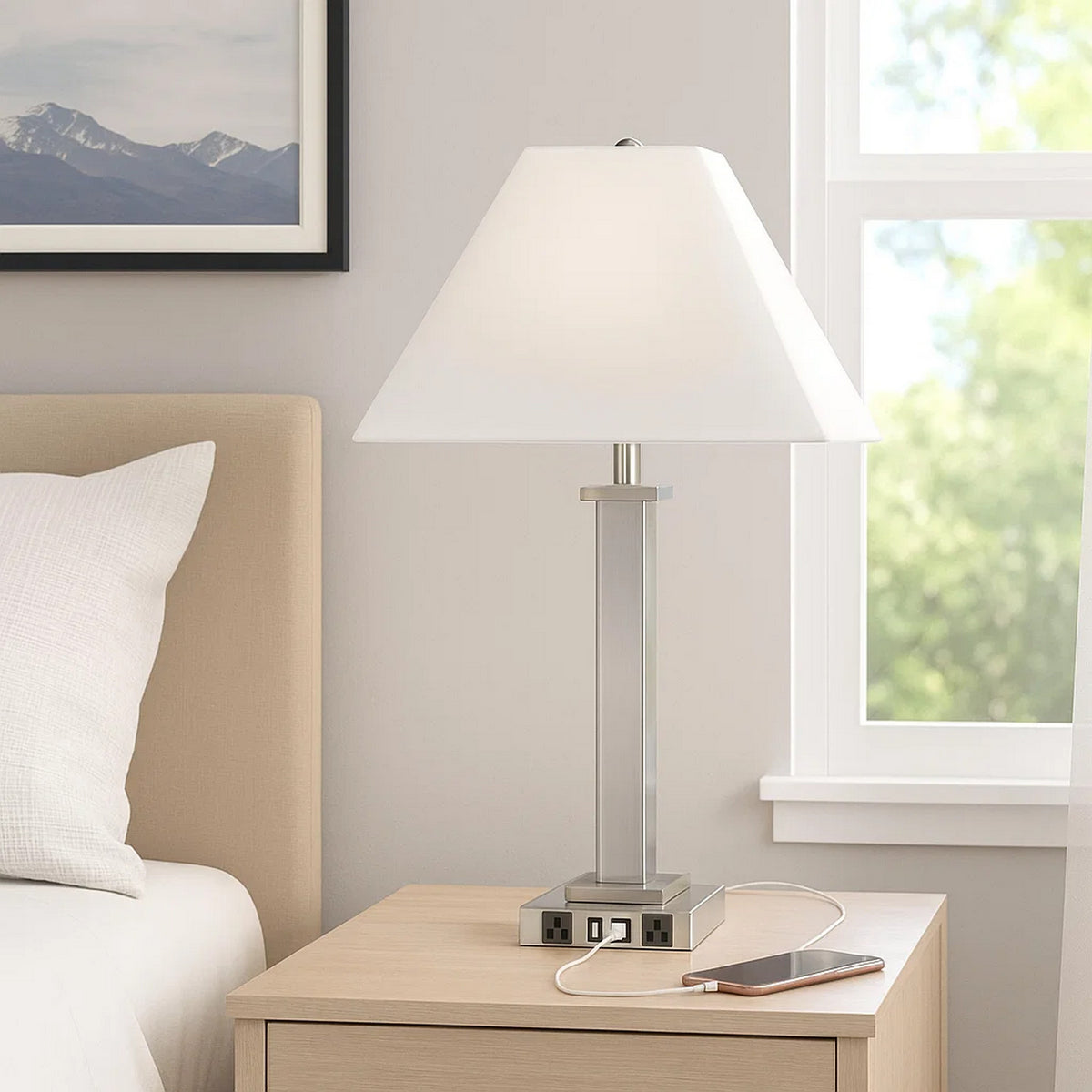 Trapezoid Shade Table Lamp with Metal Base and 2 USB Ports,White and Chrome