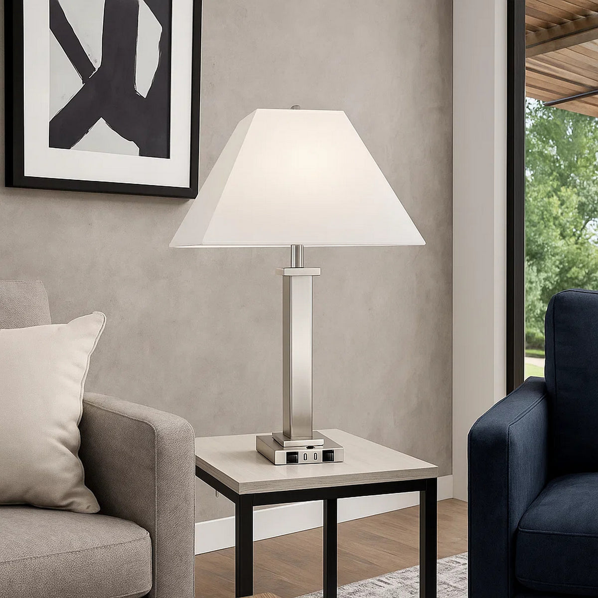 Trapezoid Shade Table Lamp with Metal Base and 2 USB Ports,White and Chrome