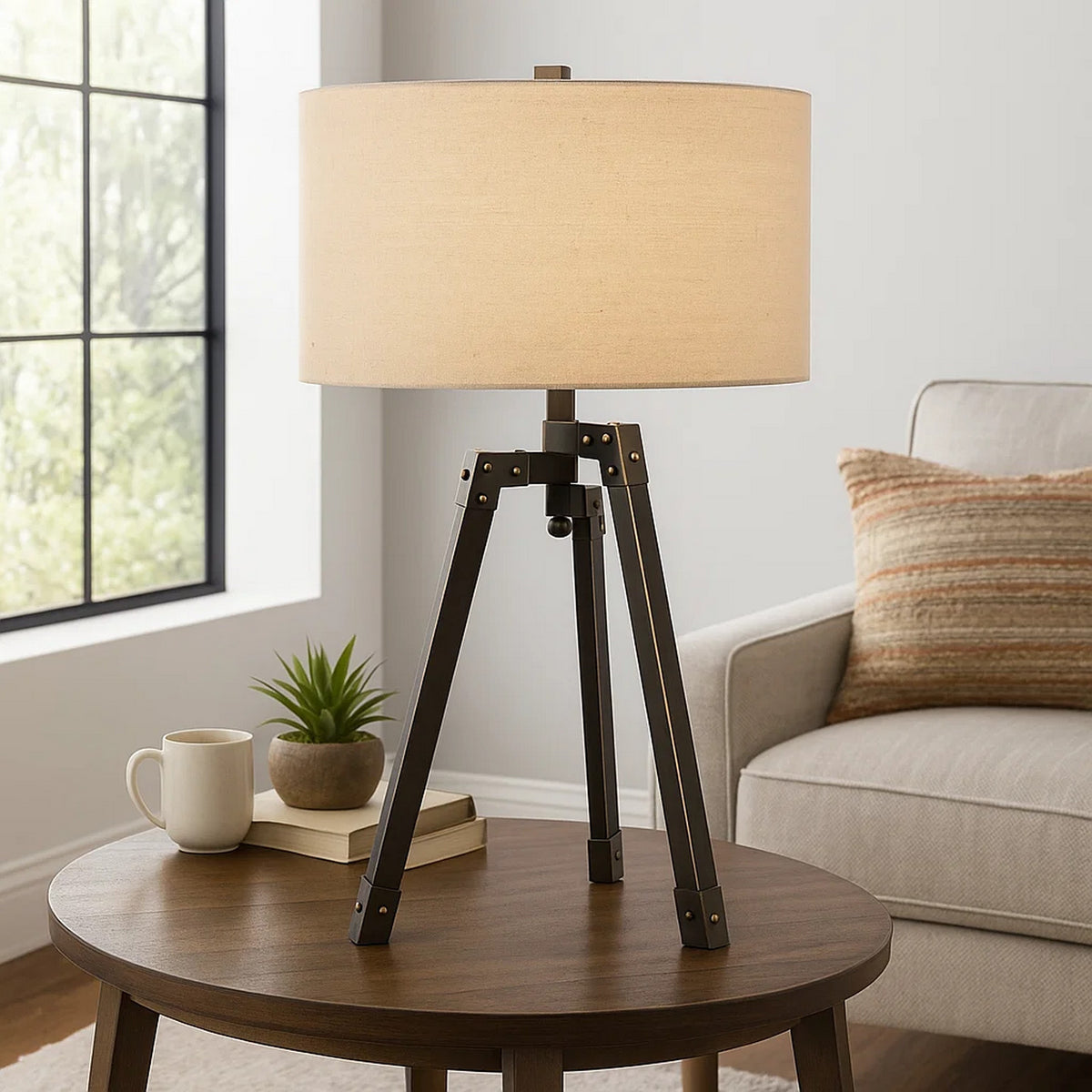 Metal Tripod Base Table Lamp with Fabric Drum Shade, Bronze and Beige - BM224680