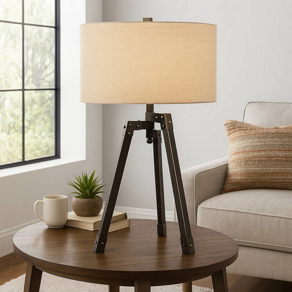 Metal Tripod Base Table Lamp with Fabric Drum Shade, Bronze and Beige - BM224680