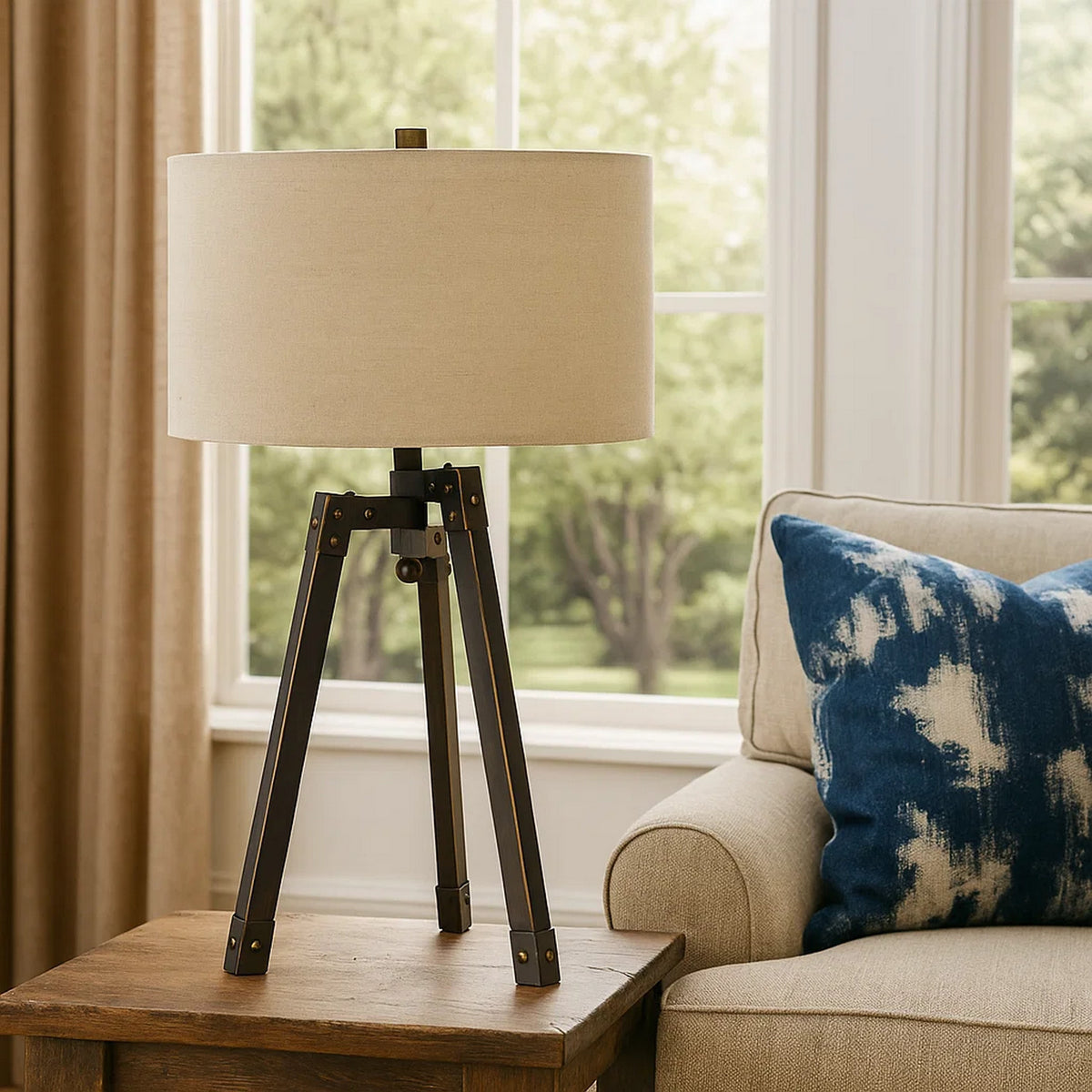 Metal Tripod Base Table Lamp with Fabric Drum Shade, Bronze and Beige - BM224680