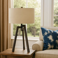Metal Tripod Base Table Lamp with Fabric Drum Shade, Bronze and Beige - BM224680