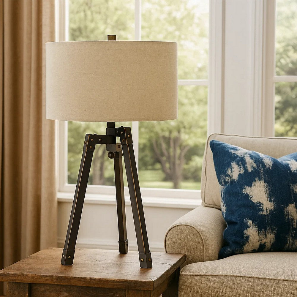 Metal Tripod Base Table Lamp with Fabric Drum Shade, Bronze and Beige - BM224680