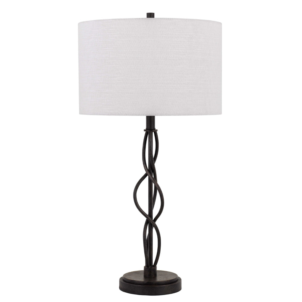 Round Fabric Shade Table Lamp, Metal Spiral Base, White, Textured Bronze- BM224685