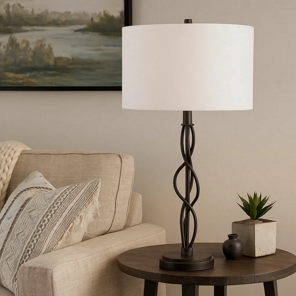 Round Fabric Shade Table Lamp, Metal Spiral Base, White, Textured Bronze- BM224685