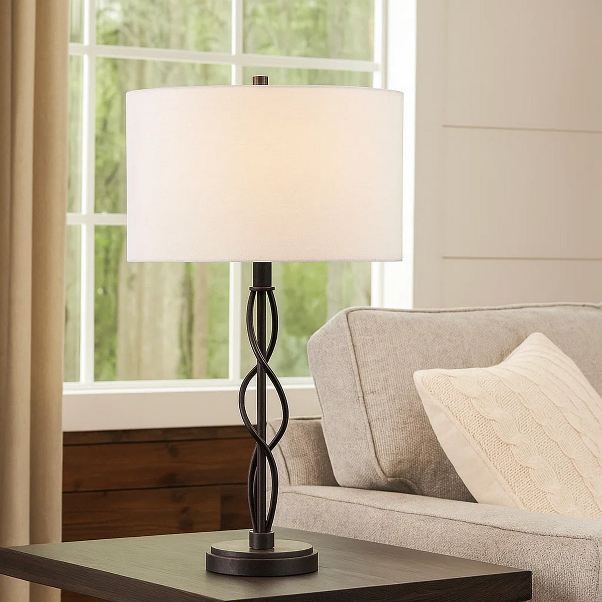 Round Fabric Shade Table Lamp, Metal Spiral Base, White, Textured Bronze- BM224685