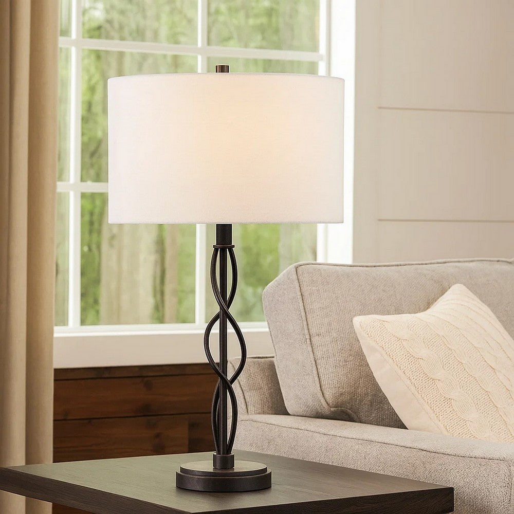 Round Fabric Shade Table Lamp, Metal Spiral Base, White, Textured Bronze- BM224685