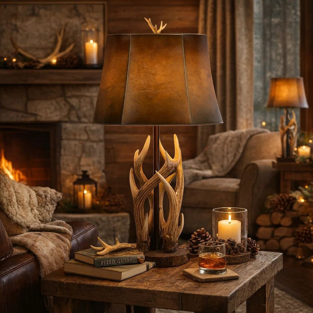150 Watt Leatherette Shade Table Lamp with Antler Polyresin Base, Brown - BM224718