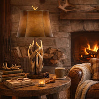150 Watt Leatherette Shade Table Lamp with Antler Polyresin Base, Brown - BM224718