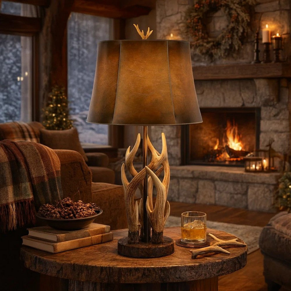 150 Watt Leatherette Shade Table Lamp with Antler Polyresin Base, Brown - BM224718