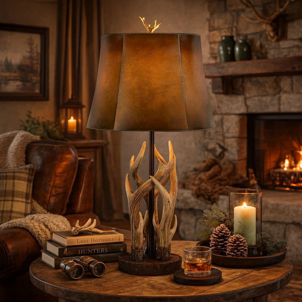 150 Watt Leatherette Shade Table Lamp with Antler Polyresin Base, Brown - BM224718