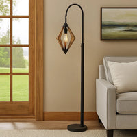 Tubular Metal Downbridge Floor Lamp with Wooden Accents, Black - BM224843