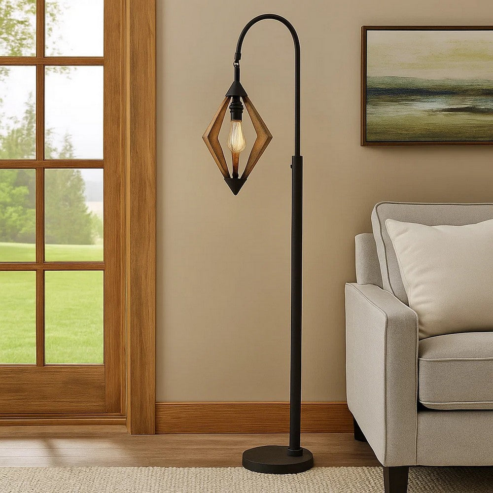 Tubular Metal Downbridge Floor Lamp with Wooden Accents, Black - BM224843