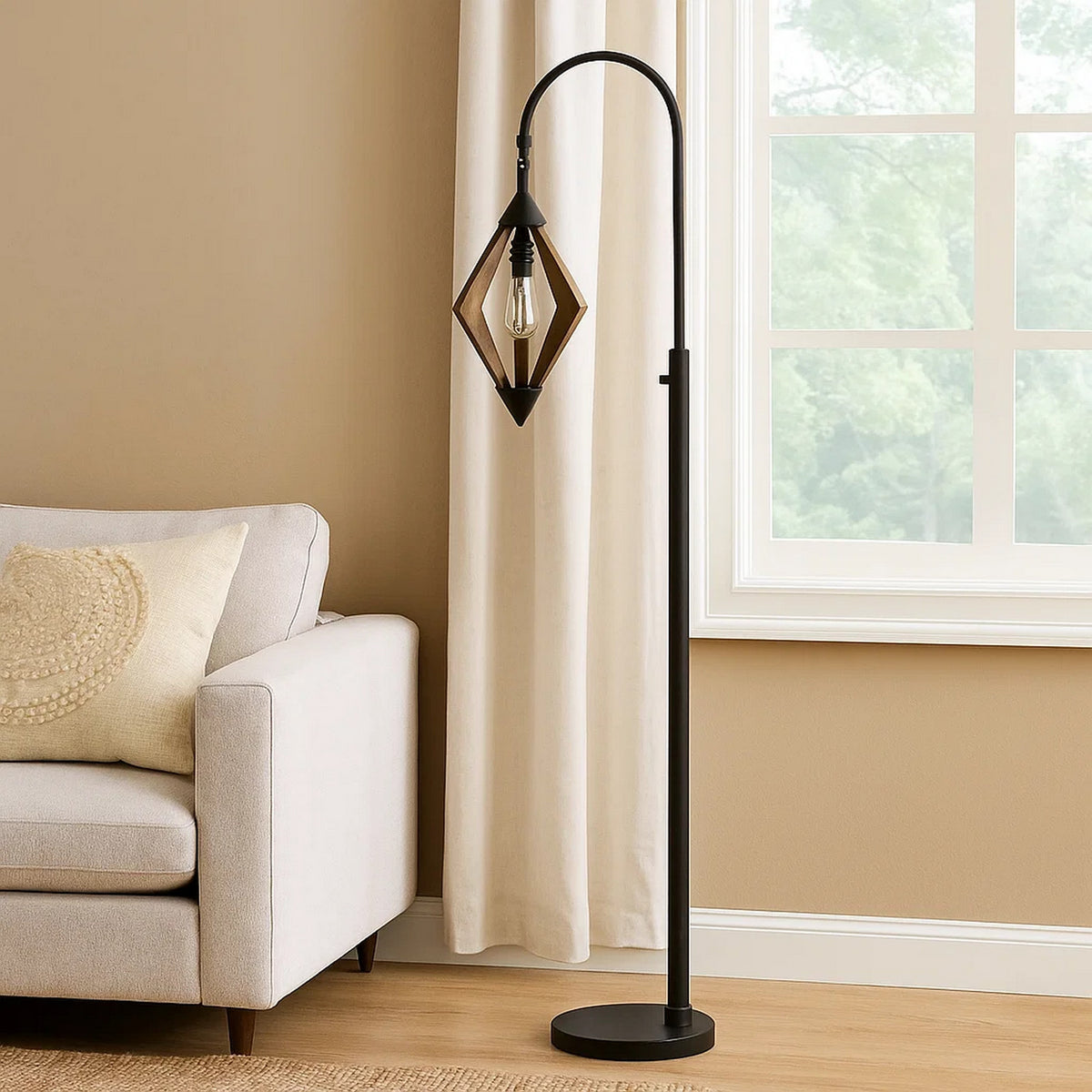 Tubular Metal Downbridge Floor Lamp with Wooden Accents, Black - BM224843
