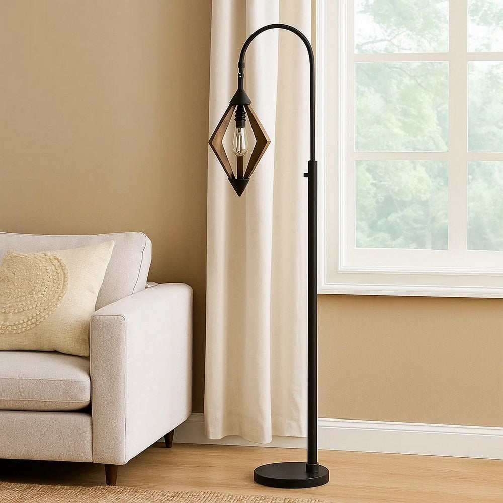 Tubular Metal Downbridge Floor Lamp with Wooden Accents, Black - BM224843