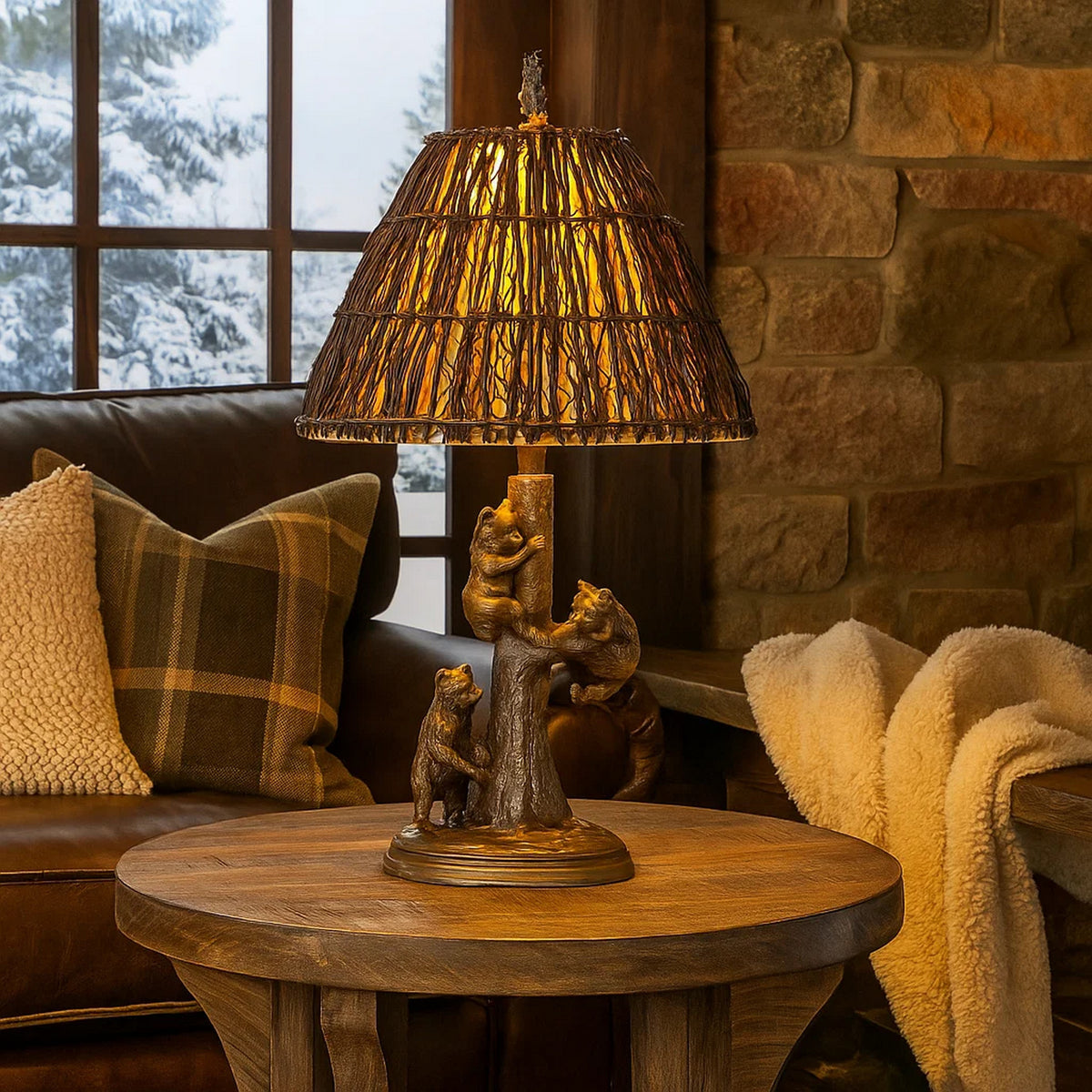 150 Watt Resin Body Table Lamp with Bear Design and Twig Shade, Bronze - BM224880