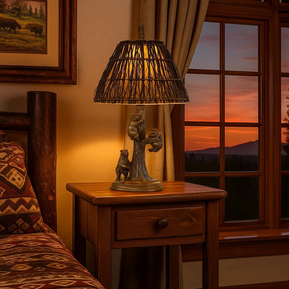 150 Watt Resin Body Table Lamp with Bear Design and Twig Shade, Bronze - BM224880