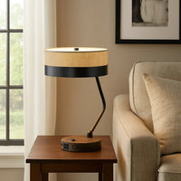 Metal Lined Fabric Shade Desk Lamp with Wooden Base, Beige and Black - BM224889