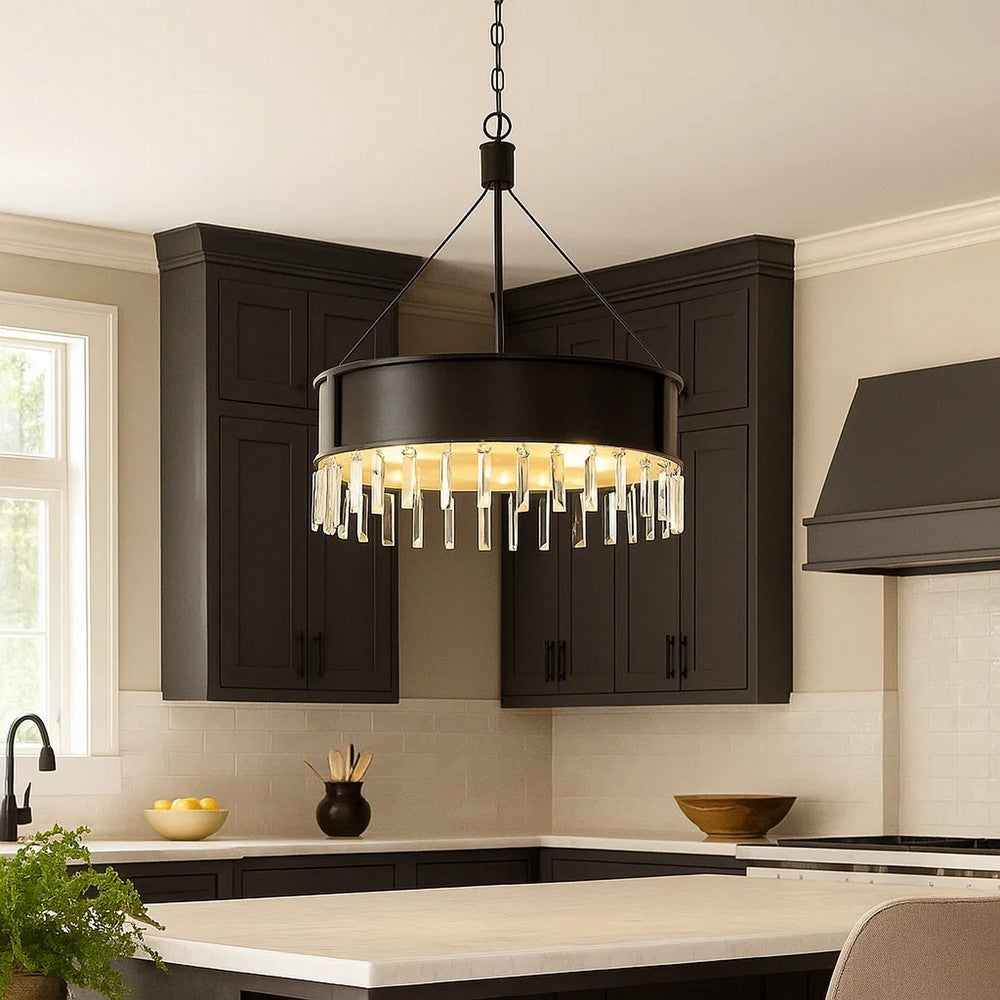 4 Bulb Round Metal Body Chandelier with Hanging Crystal Accents, Black - BM224914