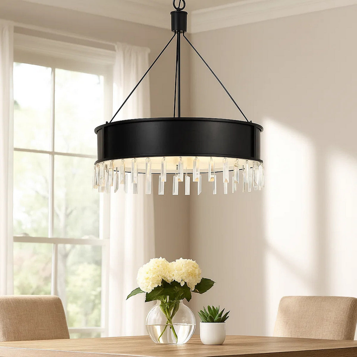 4 Bulb Round Metal Body Chandelier with Hanging Crystal Accents, Black - BM224914
