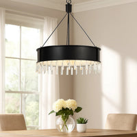 4 Bulb Round Metal Body Chandelier with Hanging Crystal Accents, Black - BM224914