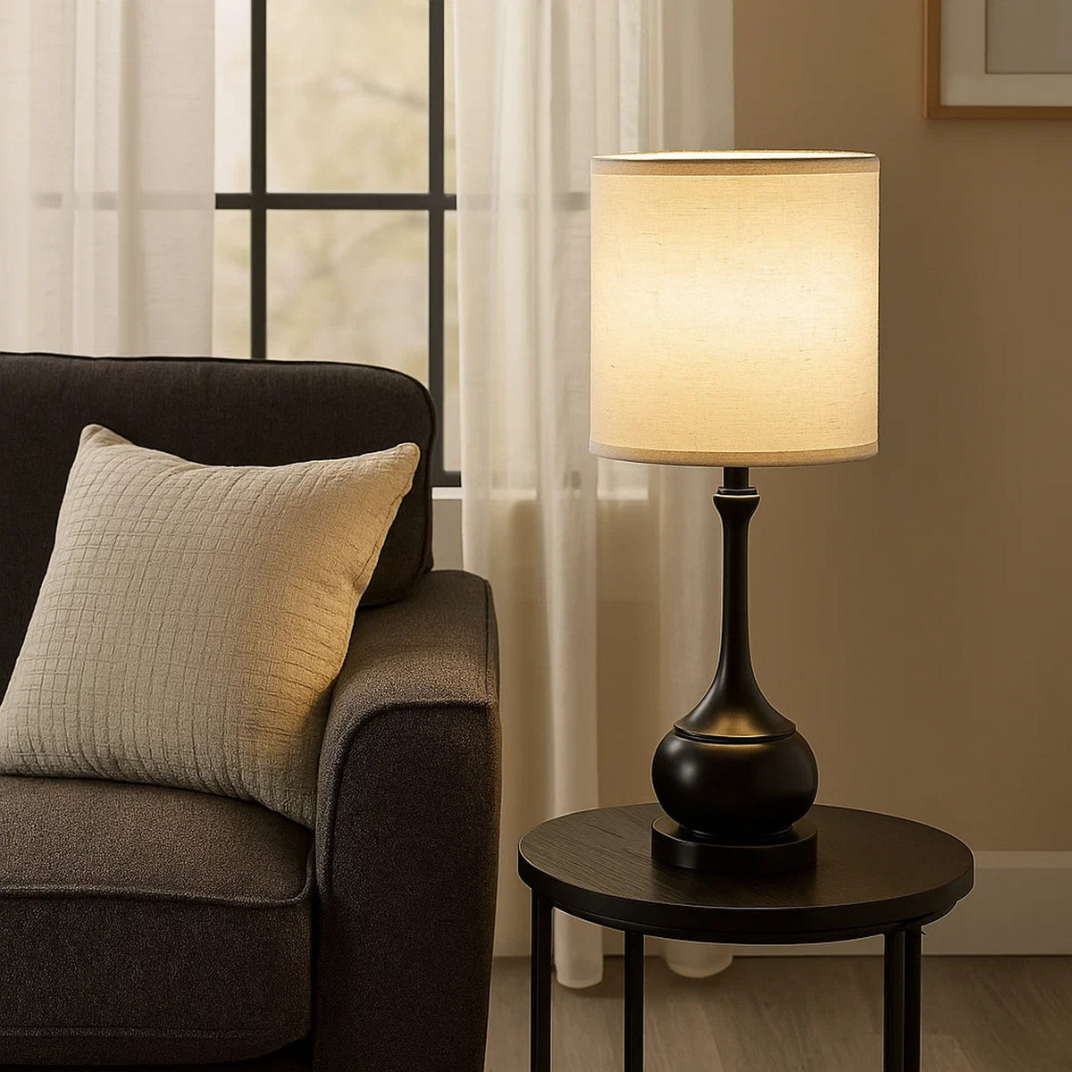 Elongated Bellied Shape Metal Accent Lamp with Drum Shade, Black - BM224929