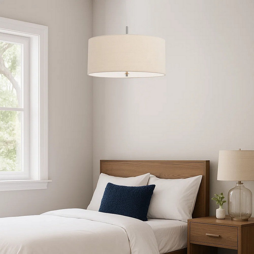 Metal Pendant Lighting with Fabric Circular Drum Shade, Off White - BM224940