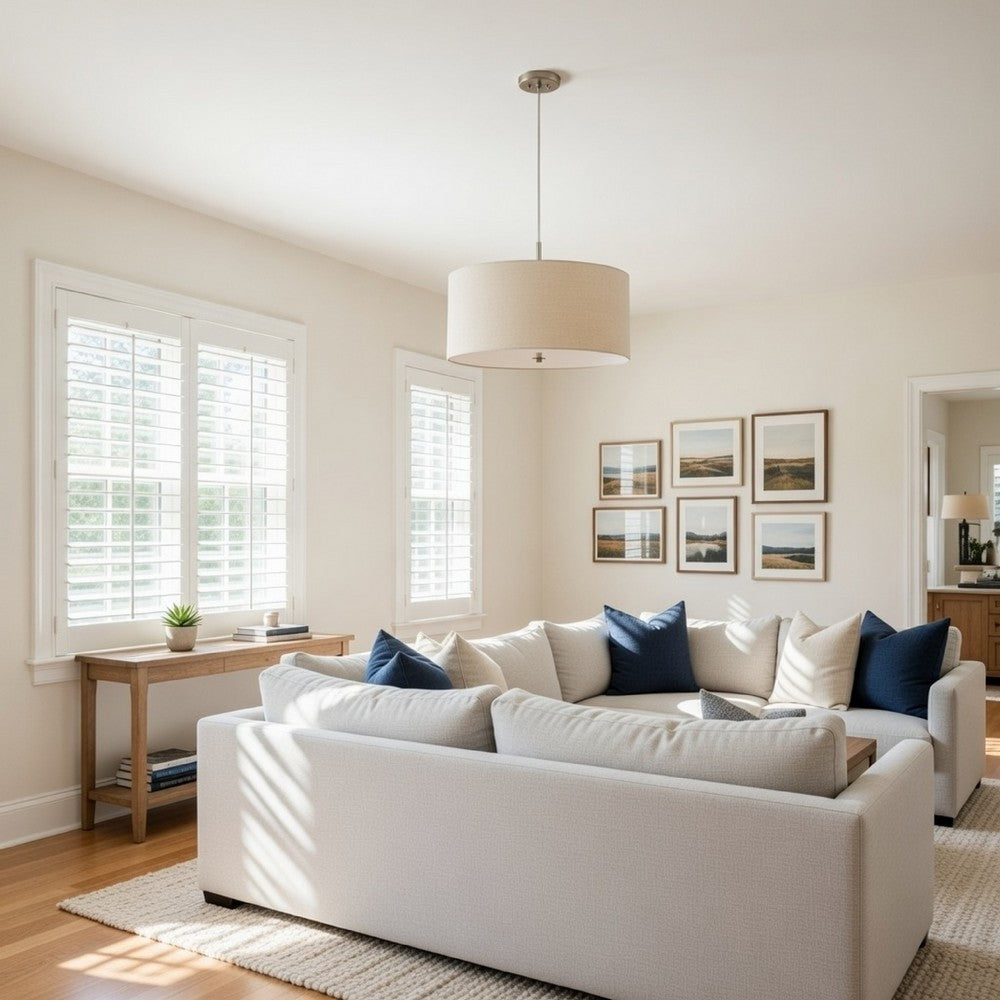 Metal Pendant Lighting with Fabric Circular Drum Shade, Off White - BM224940