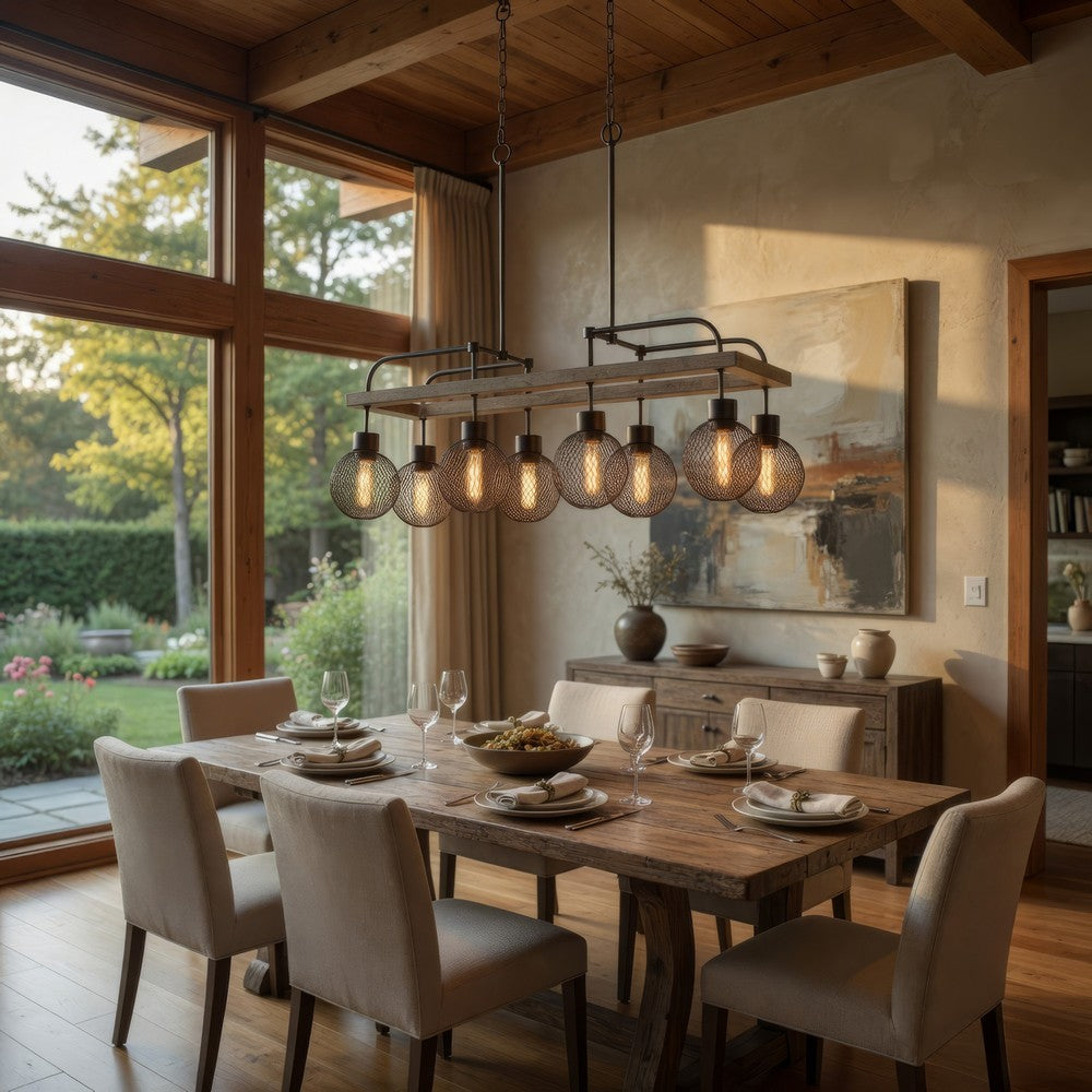 8 Bulb Chandelier with Wooden Frame and Metal Orb Shades, Brown and Black - BM224975