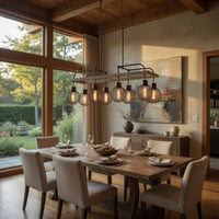 8 Bulb Chandelier with Wooden Frame and Metal Orb Shades, Brown and Black - BM224975