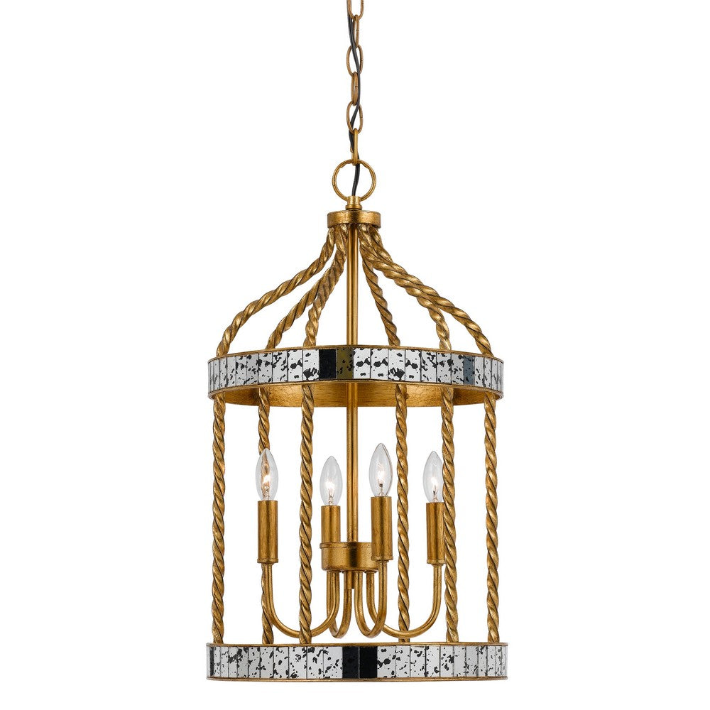 25 Inch Metal Chandelier Pendant, Bird Cage Design, Woven Rope, Gold  - BM224983