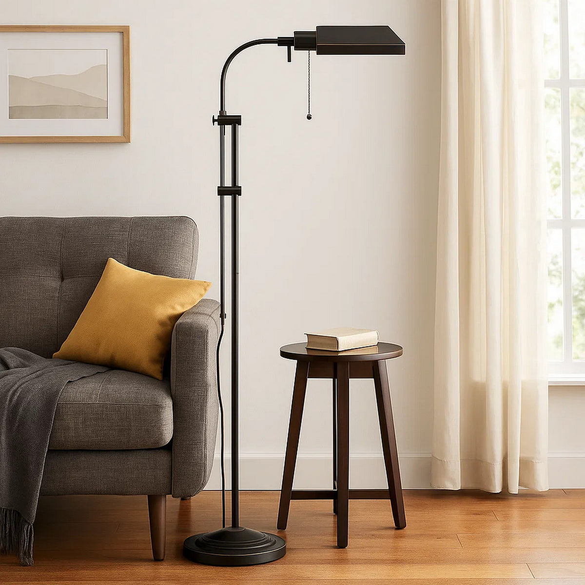 Metal Rectangular Floor Lamp with Adjustable Pole, Dark Bronze - BM225081