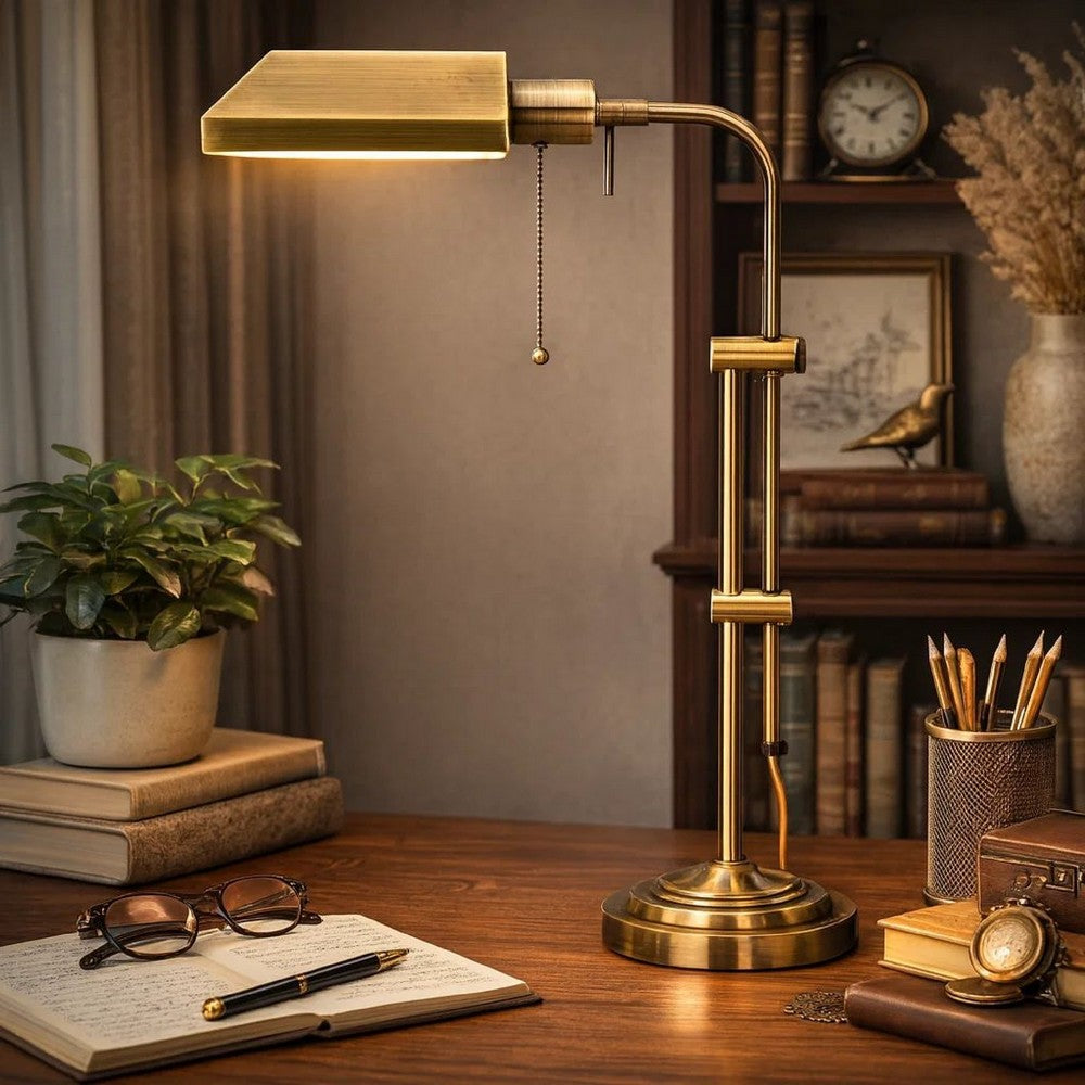 Metal Rectangular Desk Lamp with Adjustable Pole, Gold - BM225083