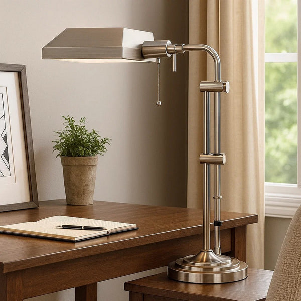 Metal Rectangular Desk Lamp with Adjustable Pole, Silver - BM225084