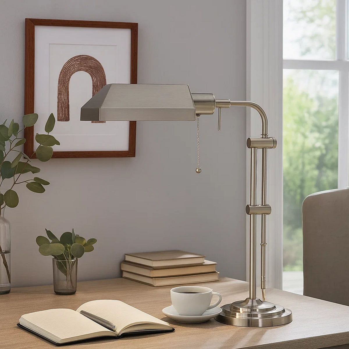 Metal Rectangular Desk Lamp with Adjustable Pole, Silver - BM225084