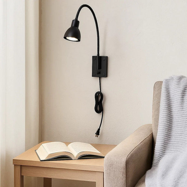 Metal Round Wall Reading Lamp with Plug In Switch, Black - BM225088