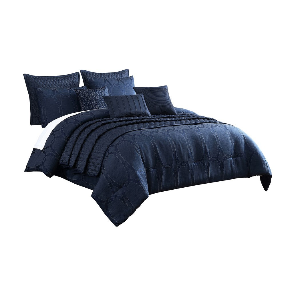 10 Piece King Polyester Comforter Set with Geometric Oblong Print, Dark Blue - BM225145