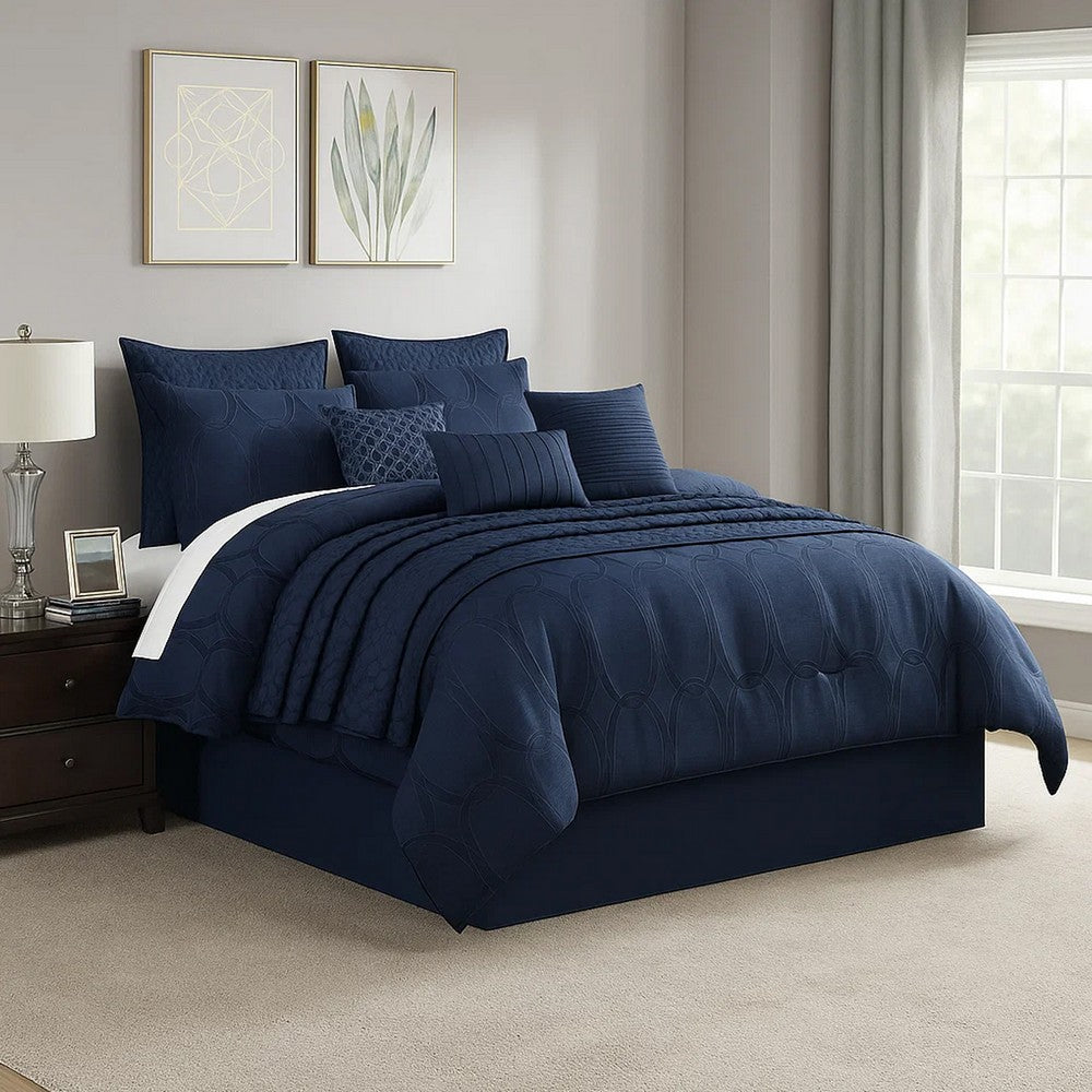 10 Piece King Polyester Comforter Set with Geometric Oblong Print, Dark Blue - BM225145