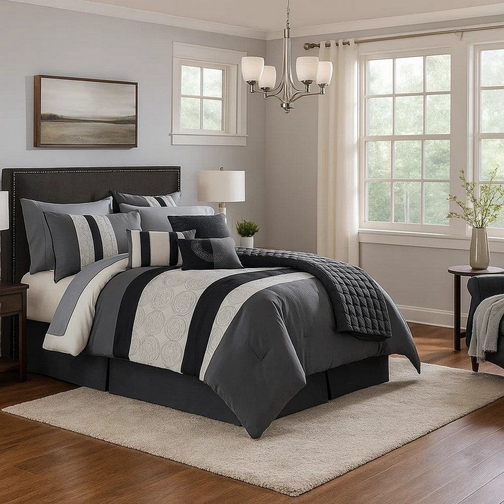 7 Piece Queen Cotton Comforter Set with Geometric Print, Gray and Black - BM225150