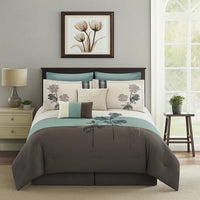 8 Piece Queen Polyester Comforter Set with Floral Embroidery, Multicolor - BM225152