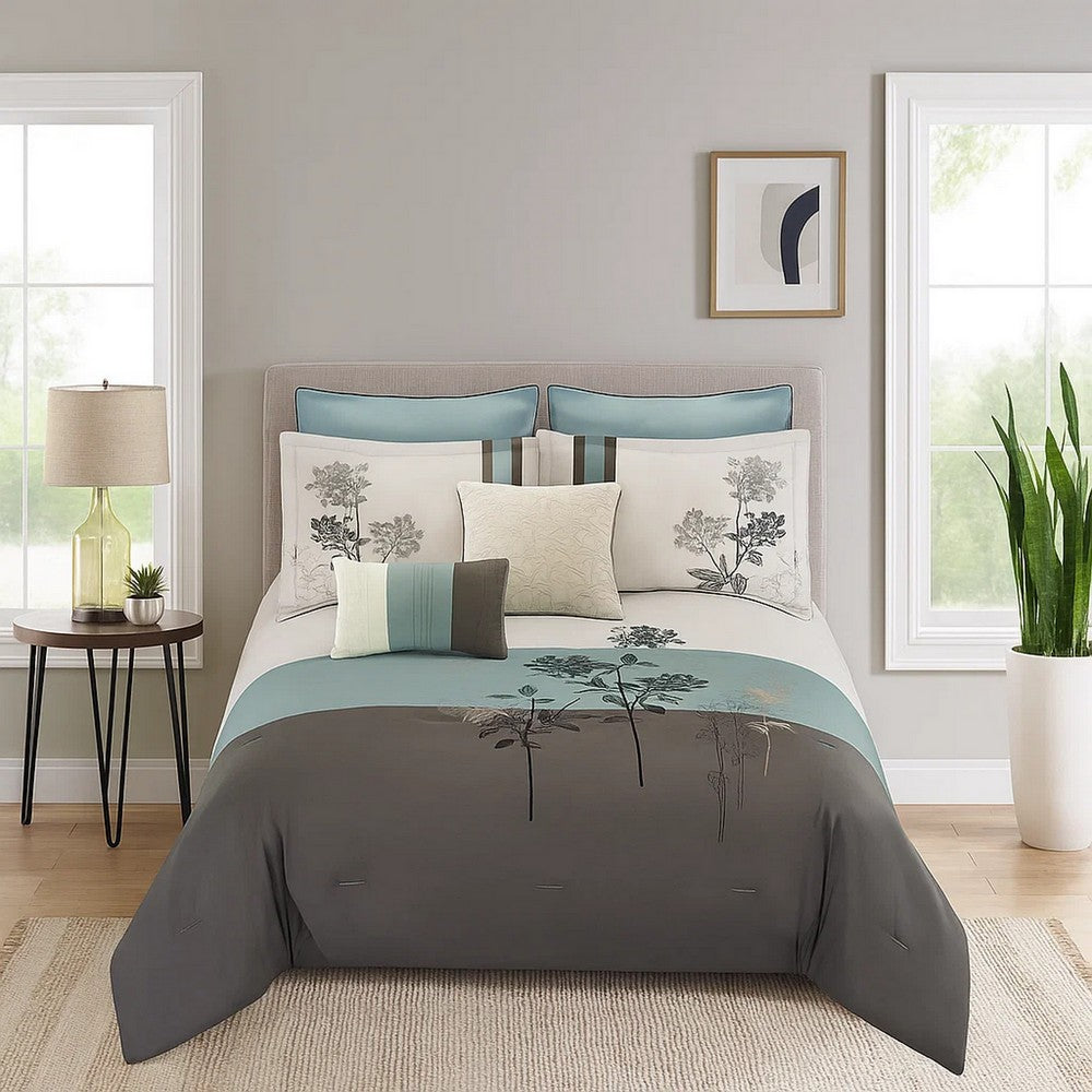 8 Piece Queen Polyester Comforter Set with Floral Embroidery, Multicolor - BM225152