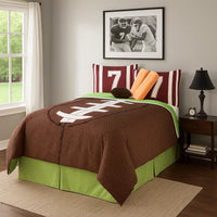5 Piece Twin Comforter Set with Football Field Print, Brown and Green - BM225153